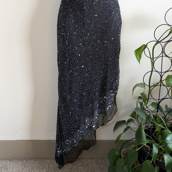 90s Vintage Black Asymmetrical Heavily Beaded Silk Gown by Scala - Picture 3 of 7